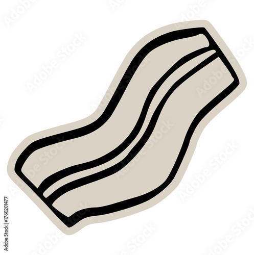 Bacon strip doodle sticker icon: hand drawn illustration of raw or cooked breakfast meat, food ingredient, and minimal kitchen design