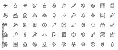 Video Game Elements icon set. Pixel art style vectoricons pack. Includes spacegun, sword, shield, potion castle, crystal, coin, UF, monster and more game asets.