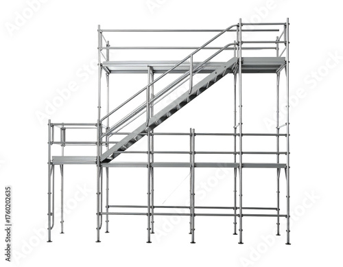 Metal scaffolding structure with stairs, designed for construction or maintenance access