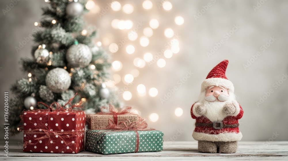 Obraz premium Festive Christmas Display with Miniature Santa, Decorated Tree, and Wrapped Presents for Holiday Celebration