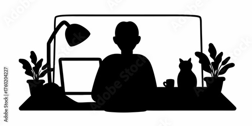 Cozy workspace silhouette with laptop, cat, plants, and lamp creates a modern, minimalist, and calming home office atmosphere for focus and productivity