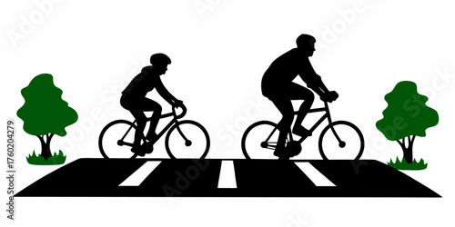 Active cyclists enjoying a ride down the street with trees, promoting healthy lifestyle and sustainable transportation, originally a scalable vector graphic