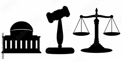 Powerful justice system elements featuring courthouse, gavel, and scales for legal themes and justice concepts with a modern, elegant design