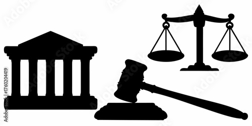 Legal system featuring scales of justice, court building, and gavel offering concepts of fairness, law, and order for justice and government