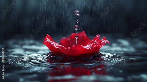 A vibrant red flower petal in water with raindrops creating splashes