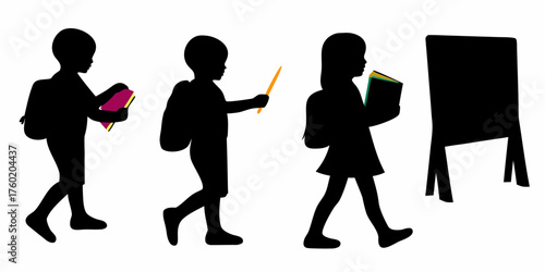 Students heading to school with books and backpack, ready for education and learning, back to school concept, silhouette of children on the way to class