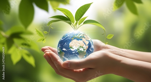 Caring hands nurturing a growing plant on planet Earth, representing a concept of global conservation and a green future