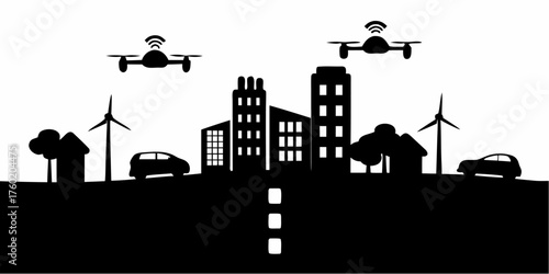 Futuristic city skyline featuring drones, wind turbines, and sleek cars conveys innovation and sustainable urban development in a modern setting
