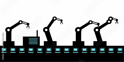 Automated factory floor with robotic arms and conveyor belt symbolizes modern manufacturing processes and industrial technology solutions for business efficiency