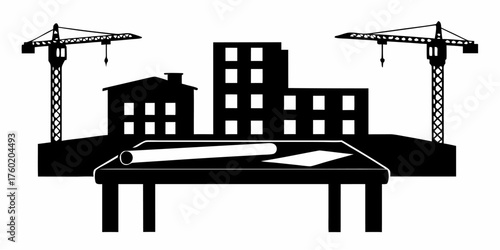 Construction site blueprint review under cranes, showcasing urban development and architectural planning for modern cityscapes and building projects