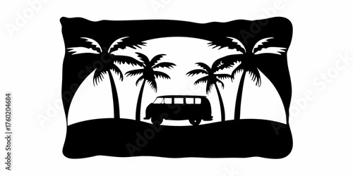 Retro beach vibes with a classic camper van and swaying palm trees, perfect for summertime adventures and wanderlust dreams for your next vacation