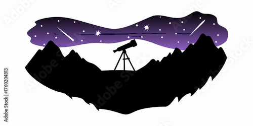 Explore the cosmos with a telescope under a starry night sky among majestic mountains, perfect for astronomy enthusiasts and nature lovers alike