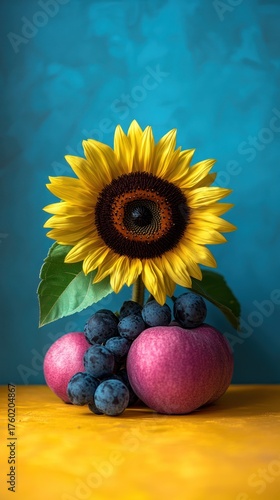 Sunflower and plums still life. Vibrant colors on yellow surface