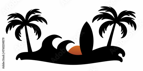 Evocative tropical island escape at sunset with surfboard ready for adventure, perfect for travel blogs or summer promotions, inviting a sense of freedom