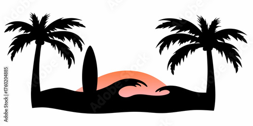Tropical paradise beckons with sunset silhouette, surf's up with palm trees swaying and waves crashing, perfect for summer vibes and coastal dreams