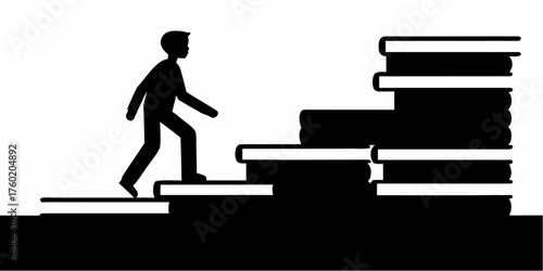 Achieving goals with education and knowledge, man climbing books as steps to success, concept for learning, studying, and personal growth, ambition