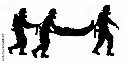 Emergency responders carrying a victim to safety, showcasing teamwork and dedication during rescue operations, available for crisis management and training visuals