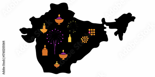 Celebrate Diwali with this festive map of India adorned with diyas and fireworks, perfect for greetings, invitations, and cultural events