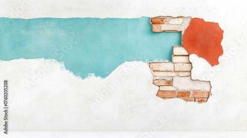 Damaged plaster reveals brick wall beneath; teal and orange paint accents