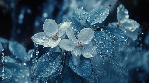 Rain-soaked blossoms, glistening petals and leaves