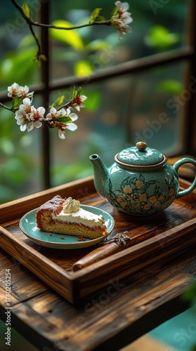 Tea and cake by window. Spring blossoms