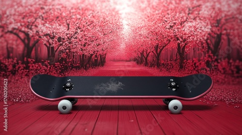 Skateboard on red wooden path, amidst a vibrant pink cherry blossom tunnel