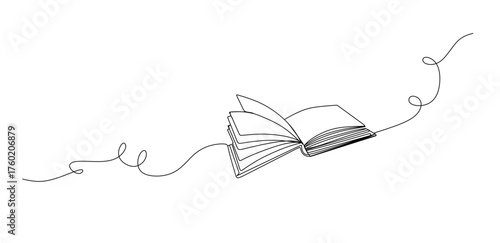 One continuous line drawing of Opened book. Education in school and library studying in simple linear style.Writing draft business in Editable stroke. Doodle vector illustration