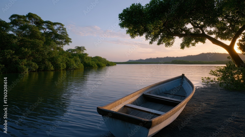 Fototapeta premium Tranquil Scene of a Wooden Boat Under Soft Light by the Water's Edge at Sunset