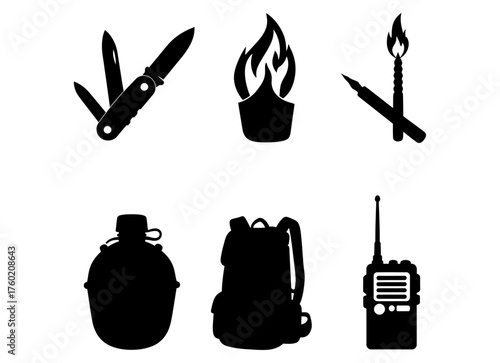 Outdoor adventure essentials icons knife, fire, matches, canteen, backpack, and radio