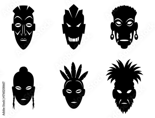 A diverse collection of six isolated black ethnic mask silhouettes representing ancient tribal art