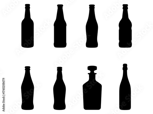 Vector graphics of various drink bottle silhouettes for packaging, branding, and beverage design projects, showcasing diverse glass container shapes