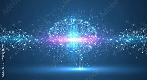 Abstract digital brain with glowing neural network and data streams