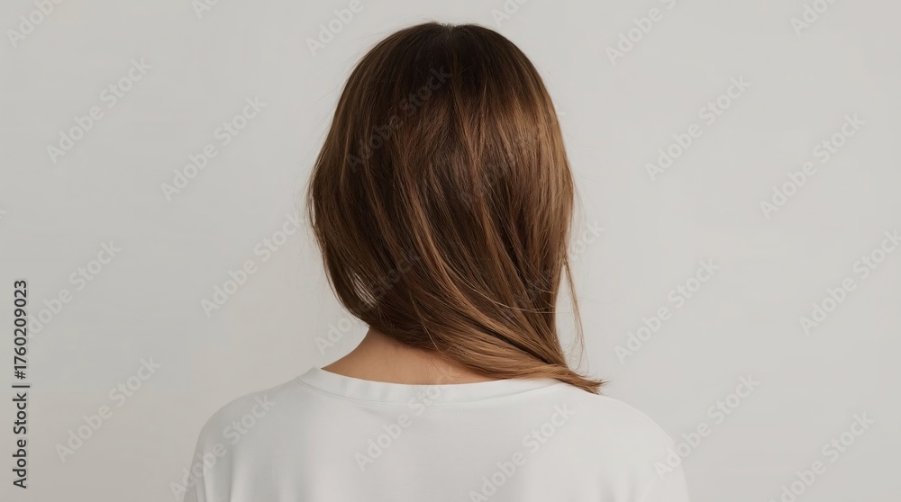 Obraz premium Back view of a beautiful woman with stunning brown hair, perfect for hair care ads or beauty product marketing campaigns, showing healthy hair and neutral style