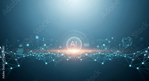 Futuristic digital cityscape with glowing artificial intelligence symbol