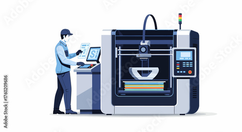 A technician operates a large industrial 3D printer, monitoring the additive manufacturing process.
