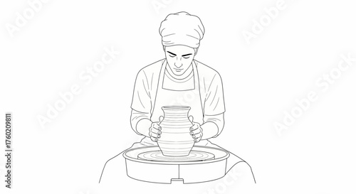 Detailed line art illustration of a potter creating ceramics on a spinning wheel, focusing on the hands shaping the clay.