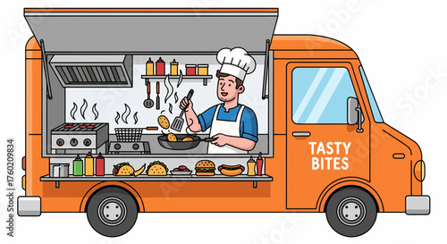 A cartoon illustration of an orange food truck named "Tasty Bites" with a chef cooking inside.