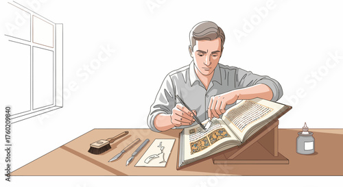 A man meticulously illustrates or restores an old book with fine tools at a desk by a window.
