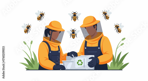 Two beekeepers in protective suits tending to a beehive box with a recycling symbol, surrounded by flying bees and green foliage.