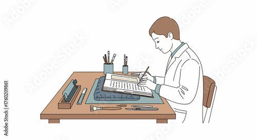 A person in a white coat diligently writing in a notebook at a desk with various stationery items.