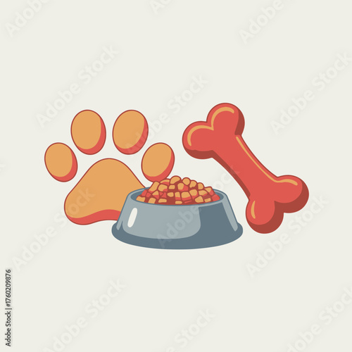 Adorable pet care icons three objects paw print food bowl bone for happy pets and animal services