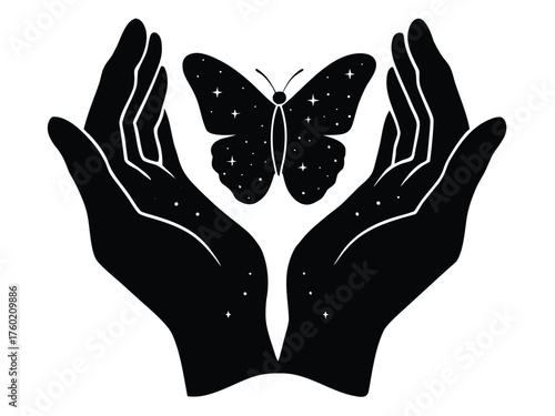 Vector art of hands holding a butterfly with stars