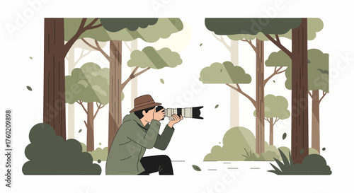 Illustrative depiction of a nature photographer capturing wildlife or scenery in a wooded environment.