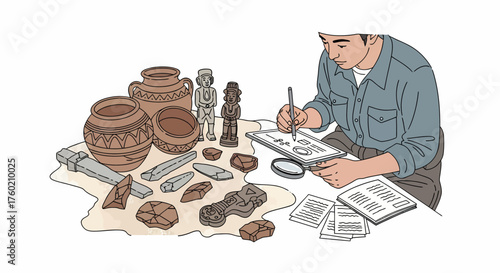 An archaeologist or historian meticulously sketches ancient artifacts, including pottery, figurines, and tools, laid out on a table for study and documentation.