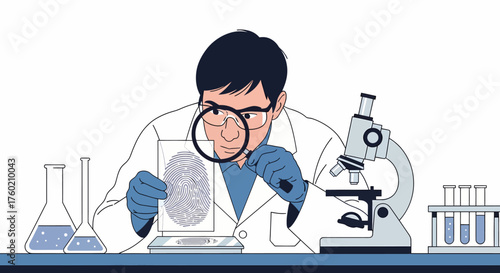 A scientist or forensic expert examining a fingerprint with a magnifying glass in a laboratory setting.