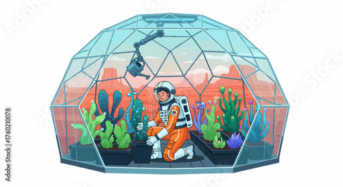 An astronaut in an orange spacesuit tending to various green plants inside a transparent geodesic dome on a red alien planet.
