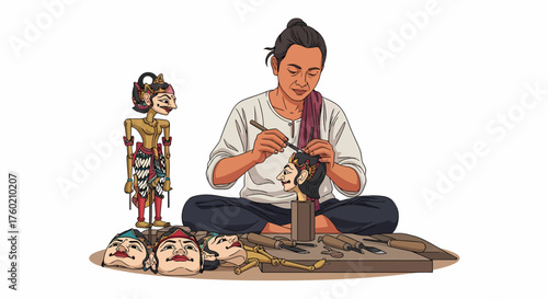 An artisan meticulously carving a traditional Indonesian Wayang Golek puppet head, surrounded by tools and finished wooden masks.