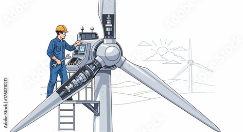 An engineer in a hard hat and overalls performs maintenance on a large wind turbine, with a cutaway view showing internal machinery and a sunny landscape in the background.