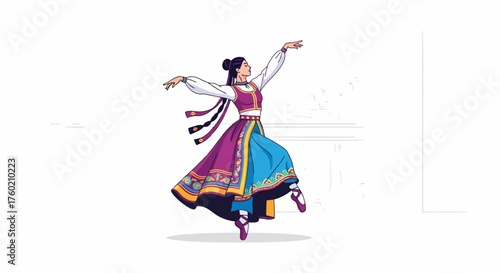 An illustration of a woman performing a traditional folk dance in a colorful costume with outstretched arms.
