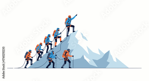 A team of mountaineers roped together, ascending a snowy mountain peak, with one climber reaching the summit in triumph.